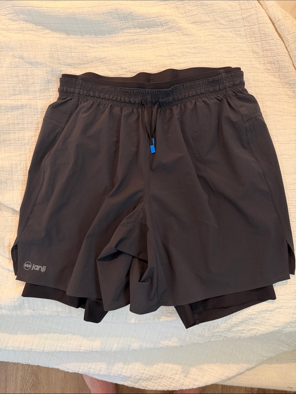 5” Janji Men's Black Athletic 2-in-1 Running Shorts with Blue Accent